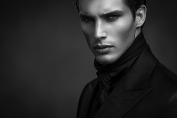 Obraz premium A striking portrait of a man in a formal outfit, showcasing elegance and intensity against a dark backdrop.