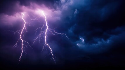 Fototapeta premium Captivating storm scene featuring dramatic lightning striking amidst dark, ominous clouds, showcasing the power of nature.