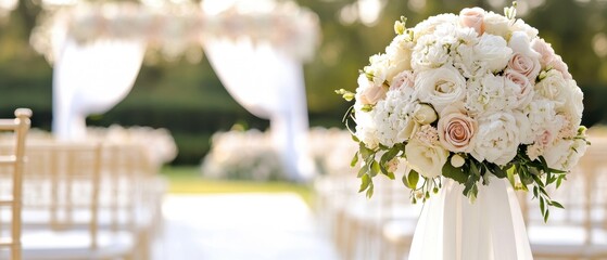 Beautiful wedding setup featuring elegant floral arrangements and a serene outdoor backdrop for a perfect celebration.