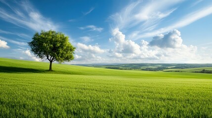 Fototapeta premium Breathtaking landscape featuring a solitary tree against a vibrant blue sky and lush green field, perfect for nature themes.