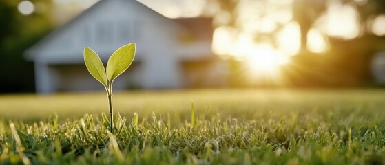 A young sprout emerges from the grass, symbolizing growth and renewal near a cozy home, illuminated by the warm morning sun.