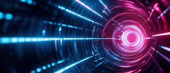 Obraz premium A vibrant tunnel of light showcasing dynamic patterns in blue and pink hues, representing technology and innovation.