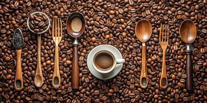 A surreal collage made of coffee beans, cups, and utensils, representing masterful roasting