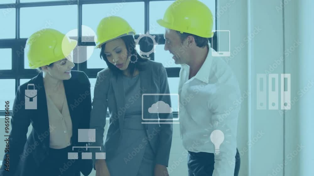 Poster animation of financial data processing over diverse architects in office