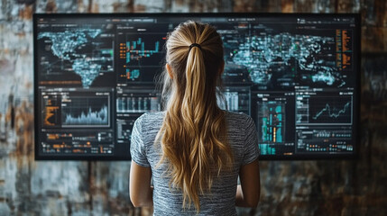 woman examines digital screens, reflecting a futuristic approach to technology and innovation. Her focused gaze suggests deep analysis and the pursuit of advanced solutions
