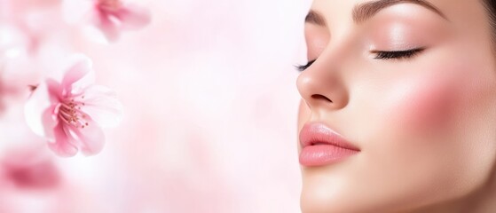Naklejka premium A serene close-up of a woman's face surrounded by delicate flowers, capturing tranquility and beauty in soft pastel colors.