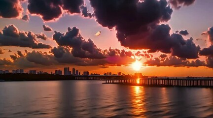Aerial lateral b roll footage Edgewater Miami awesome sunset 4k