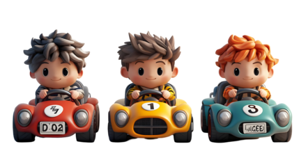 Three cartoon racers in colorful cars wait for the start on a transparent background.