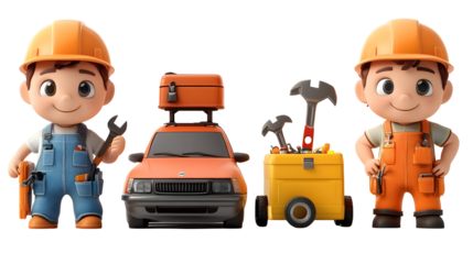 Two smiling cartoon mechanics stand beside their orange car and toolboxes on a transparent background.