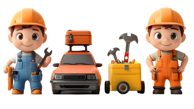 Two smiling cartoon mechanics stand beside their orange car and toolboxes on a transparent background.