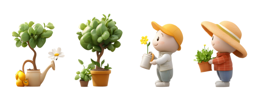 3D Cartoon Characters Gardening with Plants and Flowers on Transparent Background