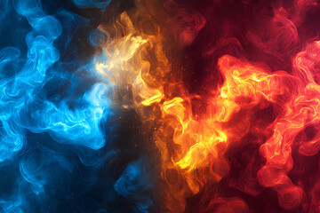 Fototapeta premium Abstract background of blue and orange flames on black background.
