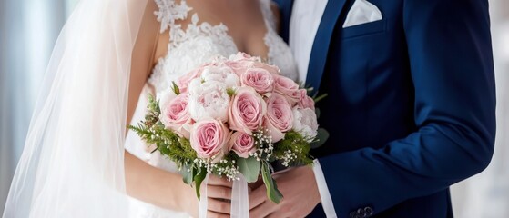 A beautiful bride holding a bouquet of pink roses while standing close to her groom, capturing a romantic wedding moment.