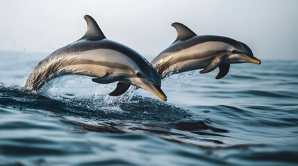 Fototapeta premium Two Dolphins Jumping Out of the Ocean on a Sunny Day.