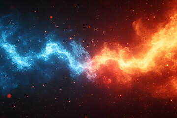 Obraz premium A abstract background with blue and orange flames on a dark background with light particles.