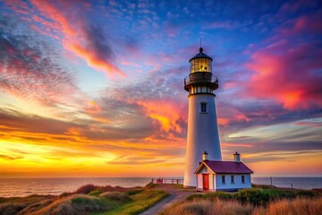 Naklejka premium tall, backdrop, colorful, evening sky, scene, serene, A serene lighthouse stands tall against the backdrop of a colorful evening sky creating a picturesque scene