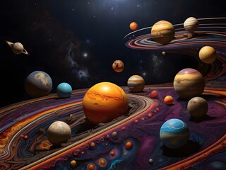 illustration of a solar system with multiple planets of various sizes and colors orbiting around a central star. Generative AI.