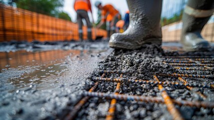 Naklejka premium Construction worker stepping on freshly poured concrete, illustrating the process of building and infrastructure development.
