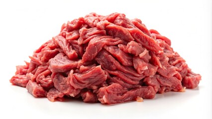 A close up of a small pile of beef situated on a plain white background shot with a wide angle lens, pile, juicy, dinner, meal, succulent, red, gourmet, close-up, food, appetizing, stack