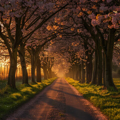 carretera entre arboles rosas