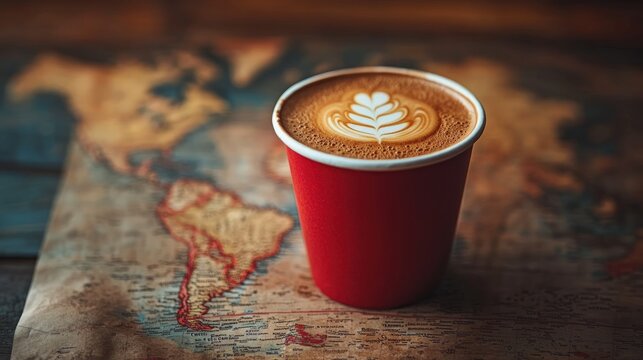 A red paper cup filled with a cappuccino, featuring a leaf design in the foam, sits on top of a vintage world map.