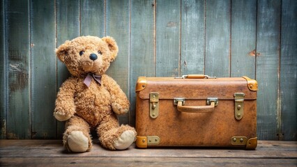 A vintage inspired teddy bear sits beside a weathered brown suitcase with a blank tag attached creating a charming minimalist aesthetic, vintage, minimalist, blank tag, brown, aesthetic