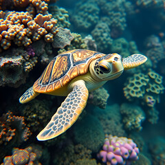 Obraz premium A cute baby turtle swimming in the coral reef