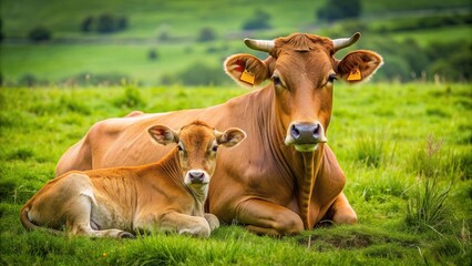 outdoors, animals, meadow, scenic, family, domesticated animals, connection., nurturing, calfhood, nature, peaceful, A brown cow and its calf are peacefully suckling in a lush meadow