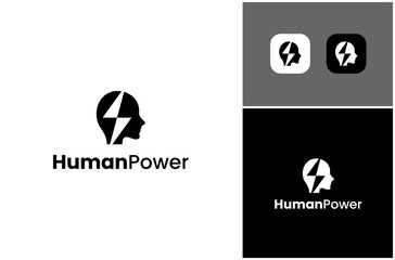 Human Head People Person Face Lightning Volt Power Energy Electric Vector Logo Design Illustration
