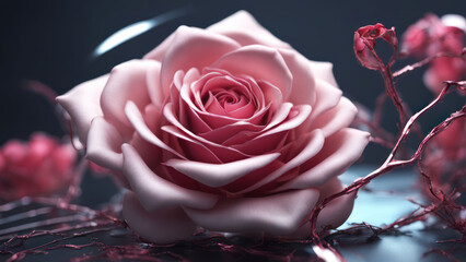 illustration of a pink rose flower, futuristic view of a pink rose flower, pink rose technology view