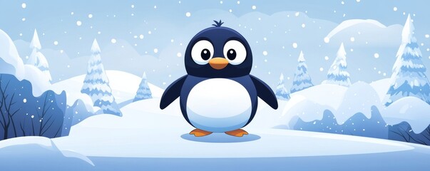 Naklejka premium Cute cartoon penguin in snowy winter landscape, joyful animal illustration concept