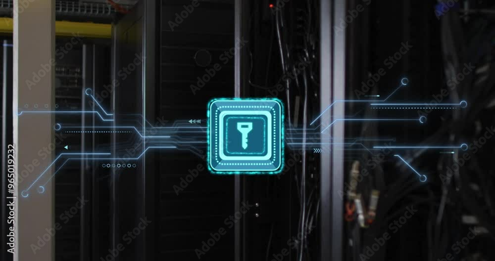 Poster animation of key icon and digital data processing over computer servers