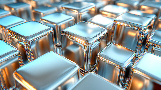 abstract composition featuring a geometric arrangement of metallic silver cubes, creating a reflective, futuristic wall. The cubes' precise alignment evokes a sense of order, technology, and minimalis