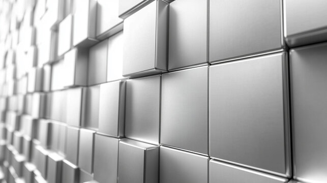 abstract composition featuring a geometric arrangement of metallic silver cubes, creating a reflective, futuristic wall. The cubes' precise alignment evokes a sense of order, technology, and minimalis