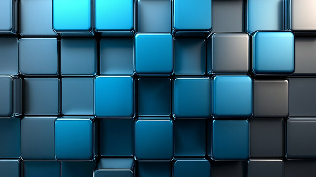 abstract composition featuring a geometric arrangement of metallic silver cubes, creating a reflective, futuristic wall. The cubes' precise alignment evokes a sense of order, technology, and minimalis