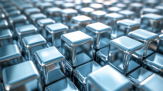 abstract composition featuring a geometric arrangement of metallic silver cubes, creating a reflective, futuristic wall. The cubes' precise alignment evokes a sense of order, technology, and minimalis