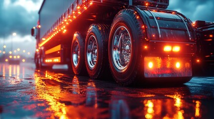 A black semi-trailer truck with red taillights is parked on a wet road at night. The truck is illuminated by streetlights in the background.