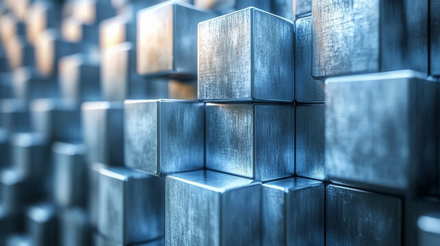 abstract composition featuring a geometric arrangement of metallic silver cubes, creating a reflective, futuristic wall. The cubes' precise alignment evokes a sense of order, technology, and minimalis