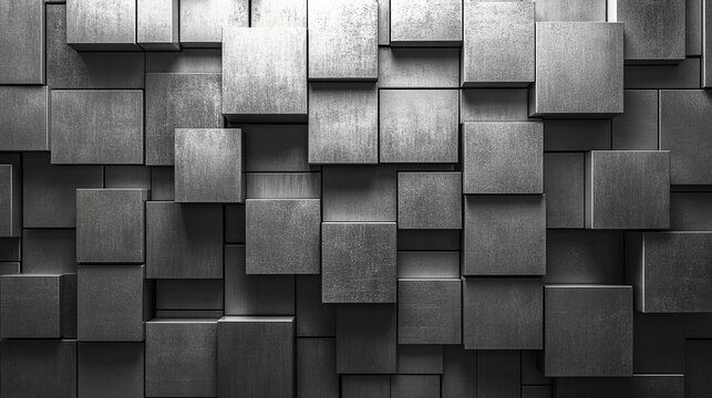 abstract composition featuring a geometric arrangement of metallic silver cubes, creating a reflective, futuristic wall. The cubes' precise alignment evokes a sense of order, technology, and minimalis