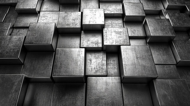 abstract composition featuring a geometric arrangement of metallic silver cubes, creating a reflective, futuristic wall. The cubes' precise alignment evokes a sense of order, technology, and minimalis