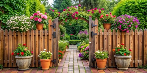 Fototapeta premium Entrance to a charming flower garden with a symmetrical wooden fence and flower pots at the entrance, flowers, gardening, summer, relaxation, charming, colorful, nature,backyard, peaceful