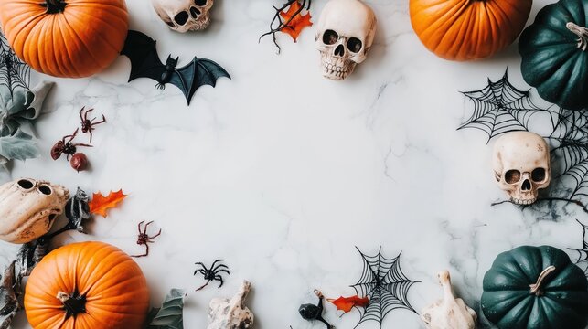 Fundo branco minimalista para design de Halloween com elementos cl&aacute;ssicos: ab&oacute;boras, caveiras, teias de aranha e morcegos. Espa&ccedil;o livre para texto, perfeito para criar designs modernos e elegantes