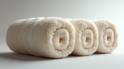 Three neatly rolled white towels on a light background.