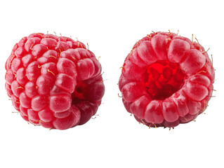 Closeup of two fresh ripe red raspberries on a checkered background