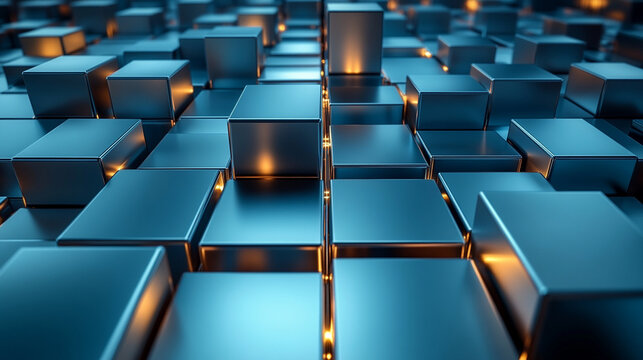 abstract composition featuring a geometric arrangement of metallic silver cubes, creating a reflective, futuristic wall. The cubes' precise alignment evokes a sense of order, technology, and minimalis
