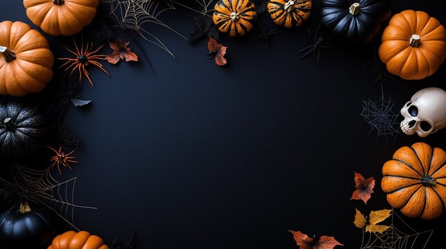 Fundo preto, minimalista para design de Halloween com elementos cl&aacute;ssicos: ab&oacute;boras, caveiras, teias de aranha e morcegos. Espa&ccedil;o livre para texto, perfeito para criar designs modernos e elegantes