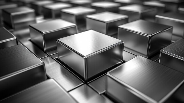abstract composition featuring a geometric arrangement of metallic silver cubes, creating a reflective, futuristic wall. The cubes' precise alignment evokes a sense of order, technology, and minimalis