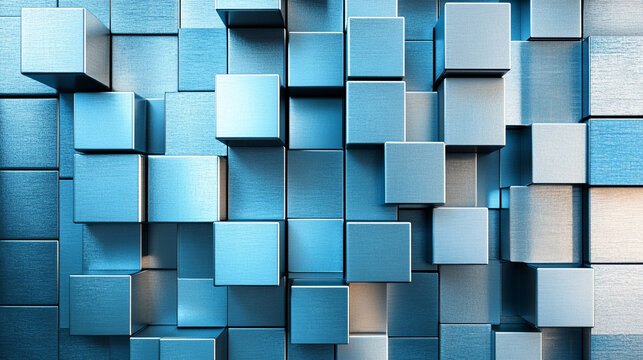 abstract composition featuring a geometric arrangement of metallic silver cubes, creating a reflective, futuristic wall. The cubes' precise alignment evokes a sense of order, technology, and minimalis