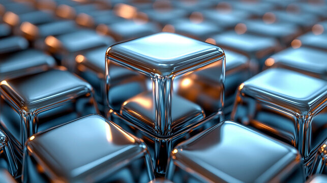 abstract composition featuring a geometric arrangement of metallic silver cubes, creating a reflective, futuristic wall. The cubes' precise alignment evokes a sense of order, technology, and minimalis