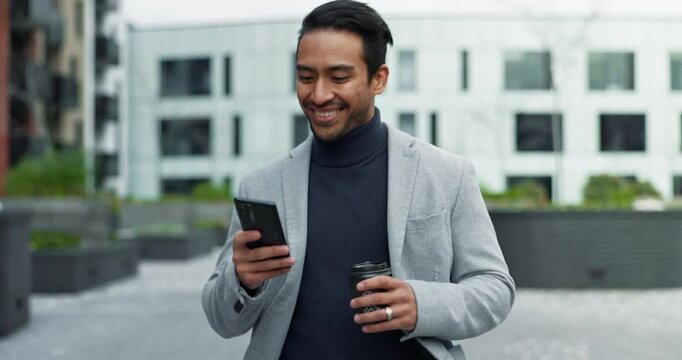 Business, man and smile with phone in city for browsing, social media and funny conversation. Happy, male person and mobile with coffee for reading comic blog, meme post or networking of urban travel